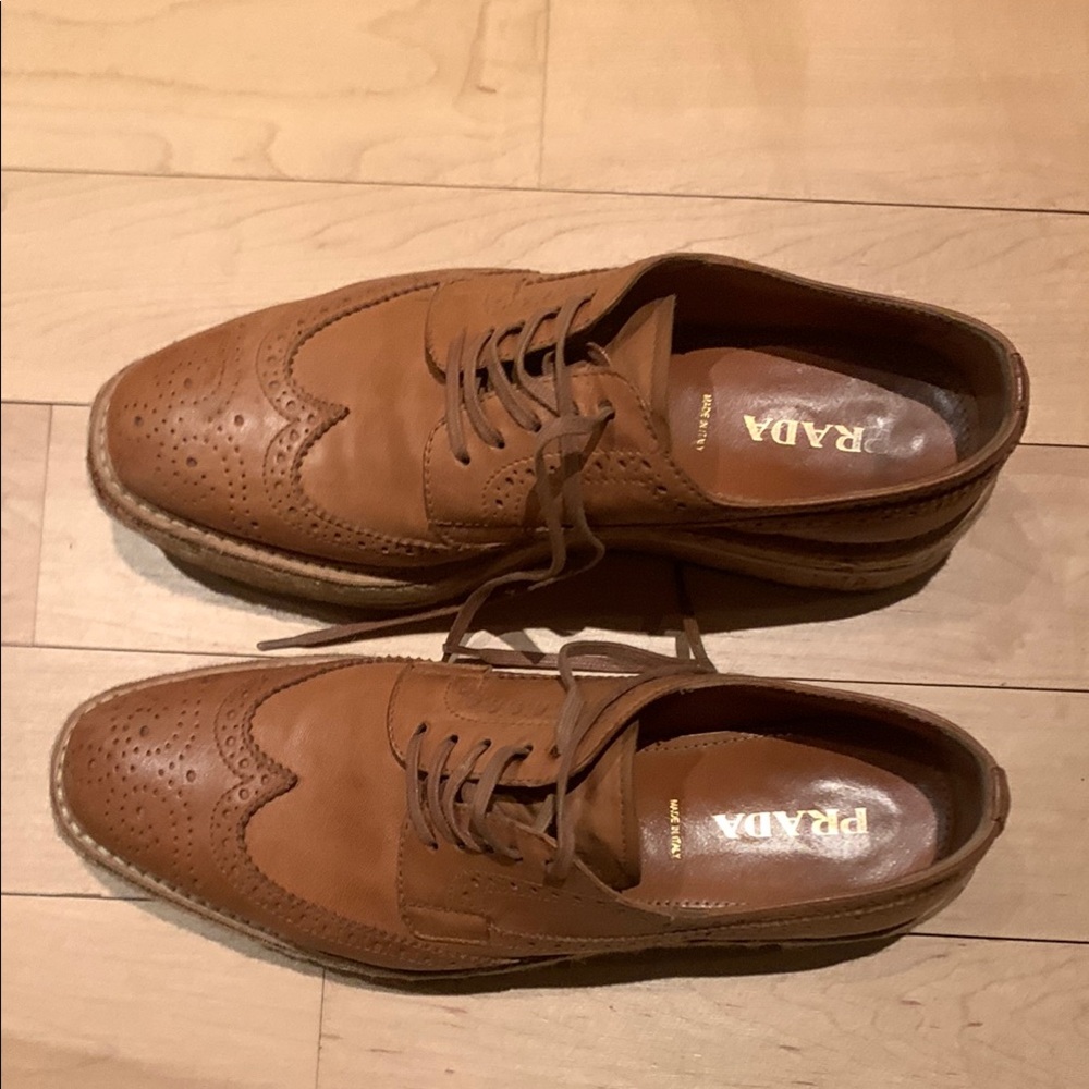 Prada Light  Brown Leather cork hemp platform lace ups gently worn 39 European